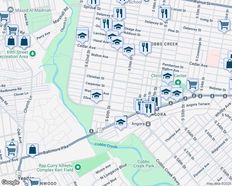 map of restaurants, bars, coffee shops, grocery stores, and more near 5939 Washington Avenue in Philadelphia