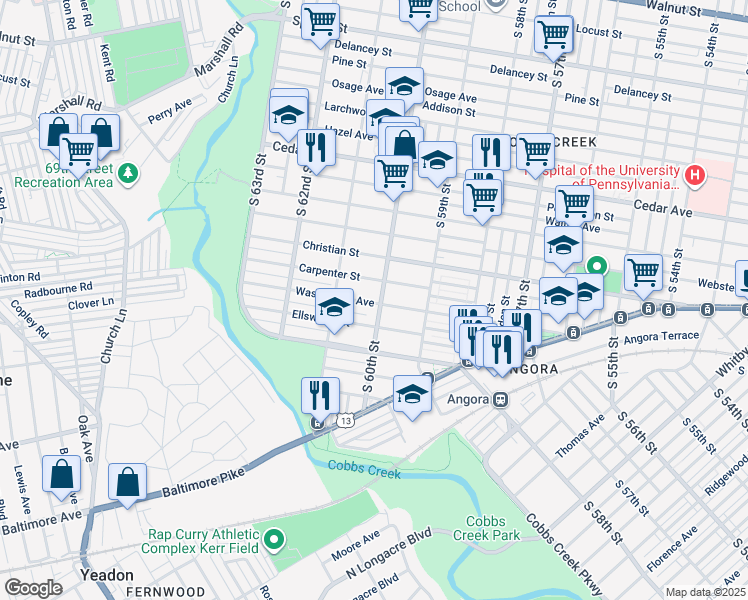 map of restaurants, bars, coffee shops, grocery stores, and more near 926 South 60th Street in Philadelphia