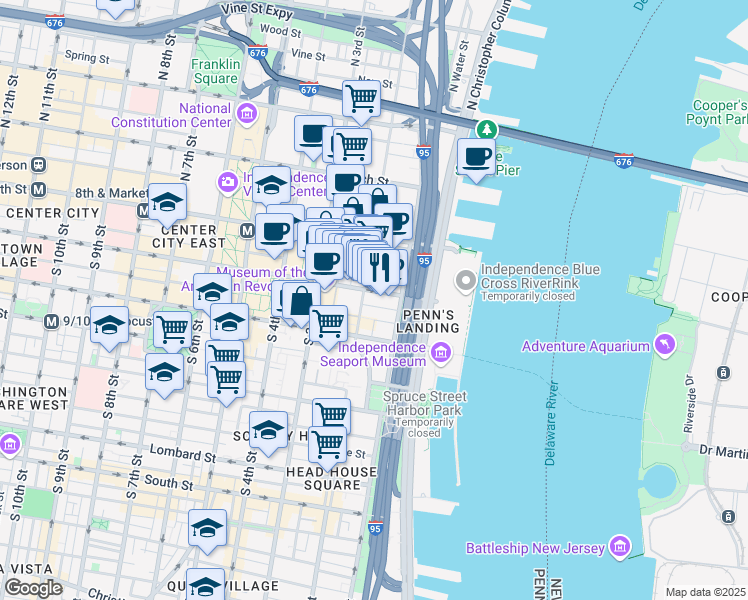 map of restaurants, bars, coffee shops, grocery stores, and more near 107 South 2nd Street in Philadelphia