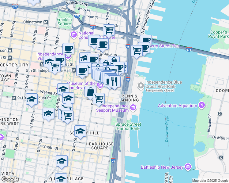 map of restaurants, bars, coffee shops, grocery stores, and more near 122 Chestnut Street in Philadelphia