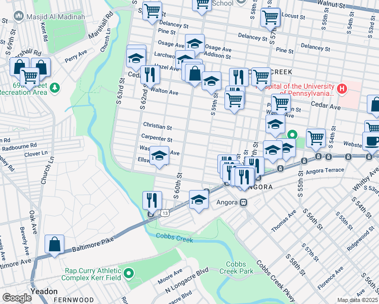 map of restaurants, bars, coffee shops, grocery stores, and more near 5939 Washington Avenue in Philadelphia