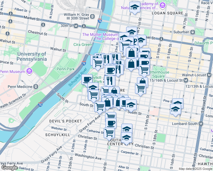 map of restaurants, bars, coffee shops, grocery stores, and more near 2312 Delancey Place in Philadelphia