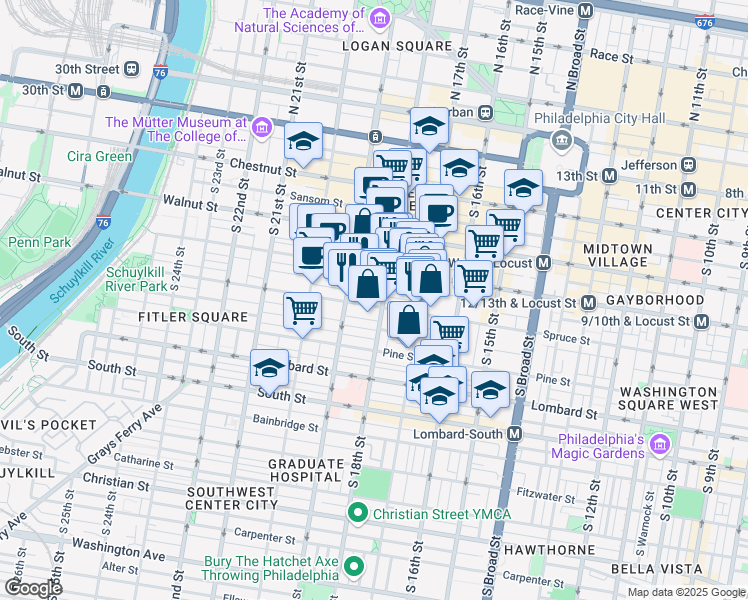 map of restaurants, bars, coffee shops, grocery stores, and more near 1809 Spruce Street in Philadelphia