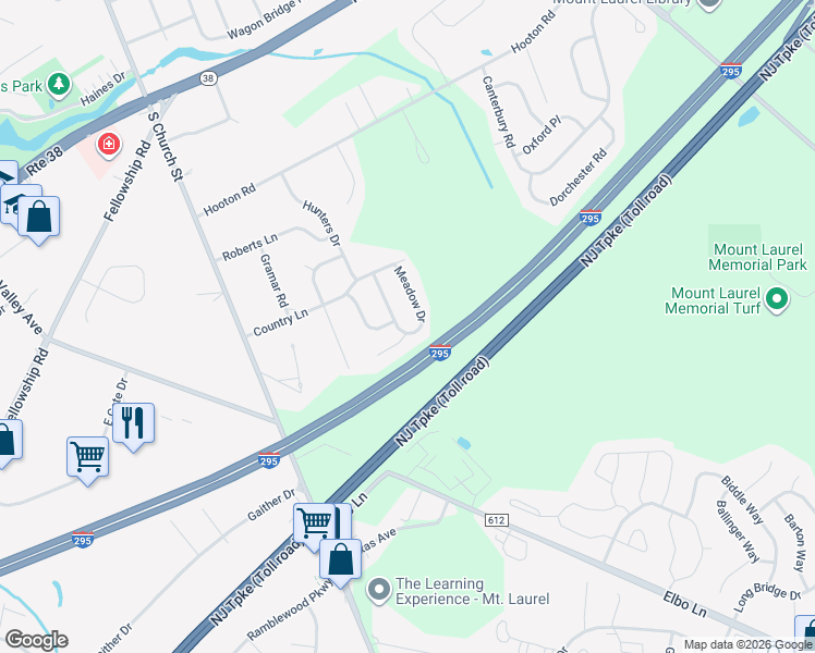 map of restaurants, bars, coffee shops, grocery stores, and more near 216 Meadow Drive in Mount Laurel Township