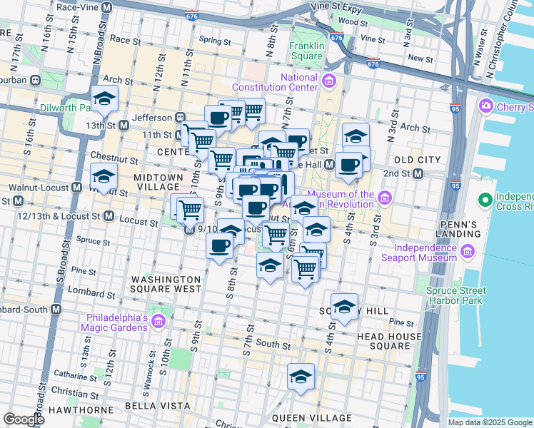 map of restaurants, bars, coffee shops, grocery stores, and more near 703 Walnut Street in Philadelphia