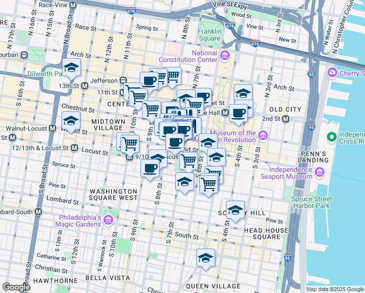 map of restaurants, bars, coffee shops, grocery stores, and more near 709 Walnut Street in Philadelphia