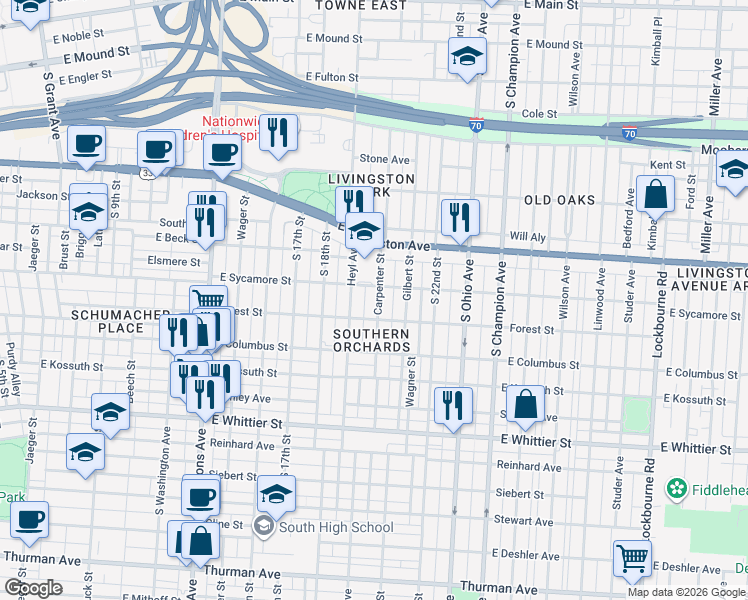 map of restaurants, bars, coffee shops, grocery stores, and more near 813 Carpenter Street in Columbus