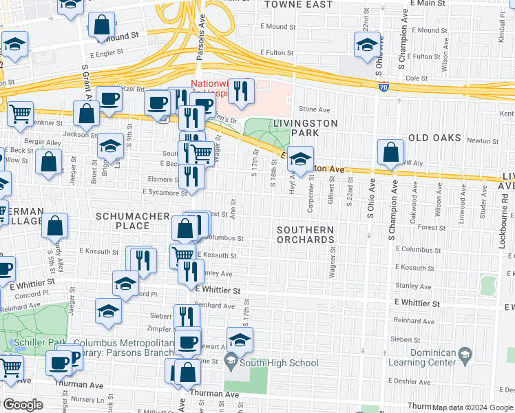 map of restaurants, bars, coffee shops, grocery stores, and more near 790 South 17th Street in Columbus