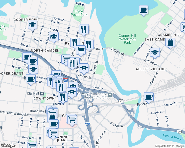 map of restaurants, bars, coffee shops, grocery stores, and more near 421 North 10th Street in Camden