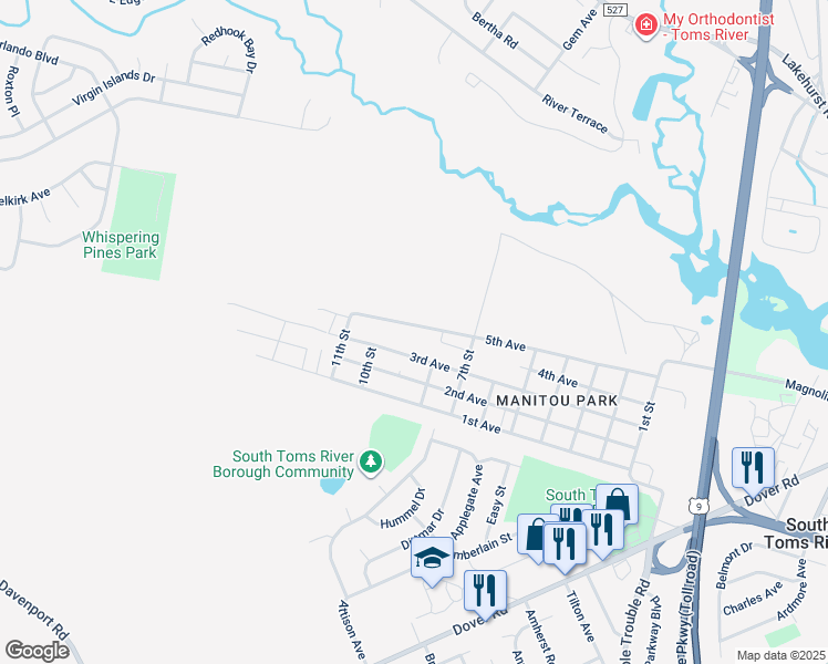 map of restaurants, bars, coffee shops, grocery stores, and more near 182 5th Avenue in Toms River