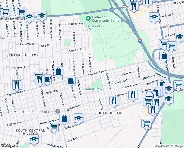 map of restaurants, bars, coffee shops, grocery stores, and more near Sullivant Ave & Columbian Ave in Columbus
