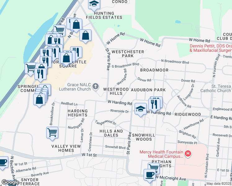map of restaurants, bars, coffee shops, grocery stores, and more near 701 Mayhill Road in Springfield