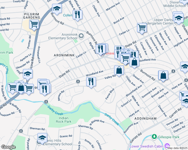 map of restaurants, bars, coffee shops, grocery stores, and more near 4666 Woodland Avenue in Drexel Hill