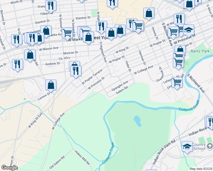 map of restaurants, bars, coffee shops, grocery stores, and more near 1445 W College Ave in York