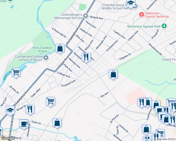 map of restaurants, bars, coffee shops, grocery stores, and more near 1220 Scotland Avenue in Chambersburg