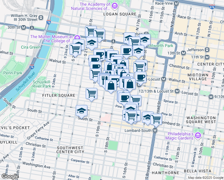map of restaurants, bars, coffee shops, grocery stores, and more near 1813 Spruce Street in Philadelphia