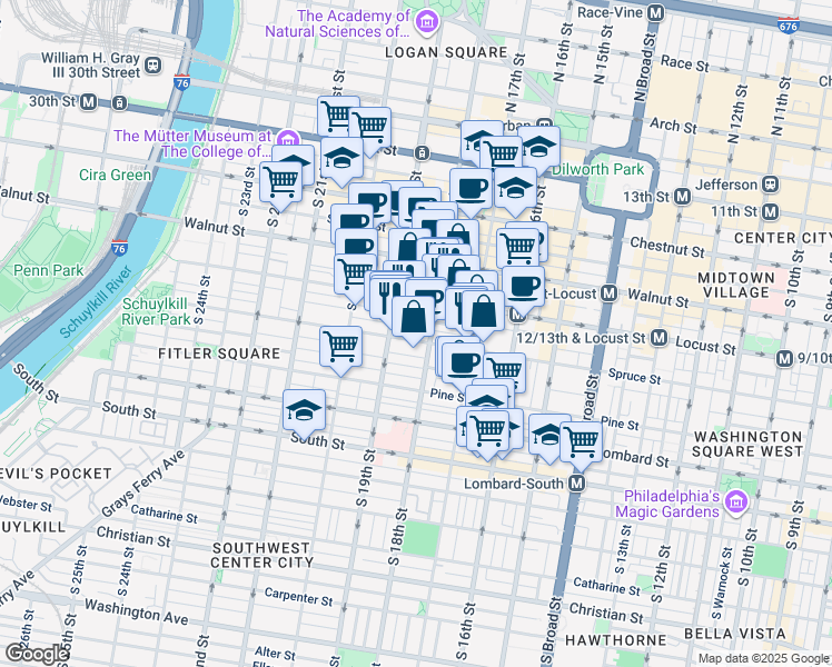 map of restaurants, bars, coffee shops, grocery stores, and more near 1815 Spruce Street in Philadelphia