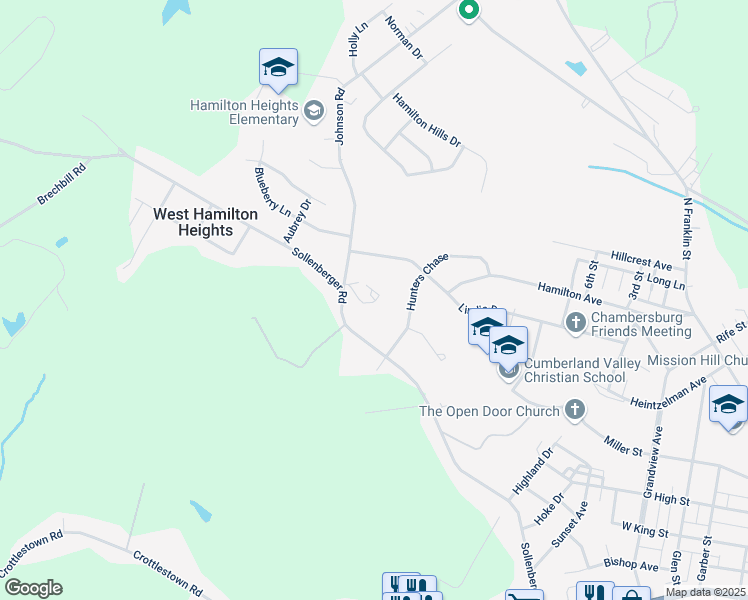 map of restaurants, bars, coffee shops, grocery stores, and more near 1322 Johnson Road in Chambersburg