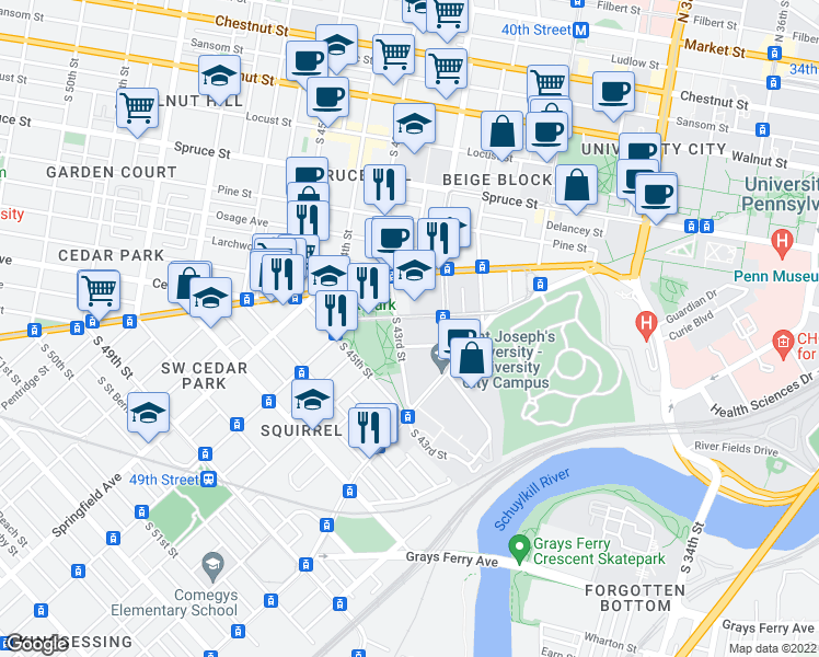 map of restaurants, bars, coffee shops, grocery stores, and more near 4228 Chester Avenue in Philadelphia