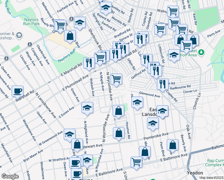 map of restaurants, bars, coffee shops, grocery stores, and more near 239 North Wycombe Avenue in Lansdowne