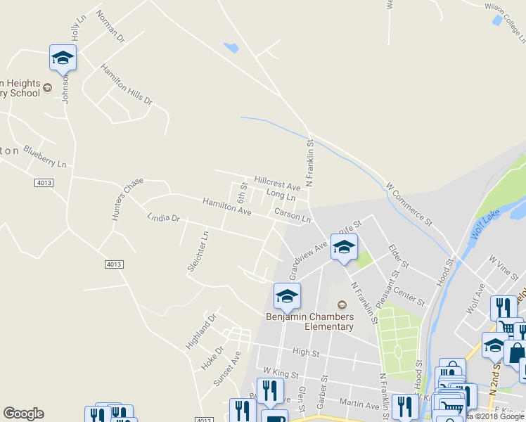 map of restaurants, bars, coffee shops, grocery stores, and more near 519 Hamilton Avenue in Chambersburg