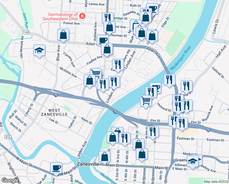 map of restaurants, bars, coffee shops, grocery stores, and more near 820 Linden Avenue in Zanesville