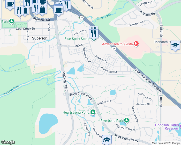 map of restaurants, bars, coffee shops, grocery stores, and more near 620 Discovery Parkway in Superior