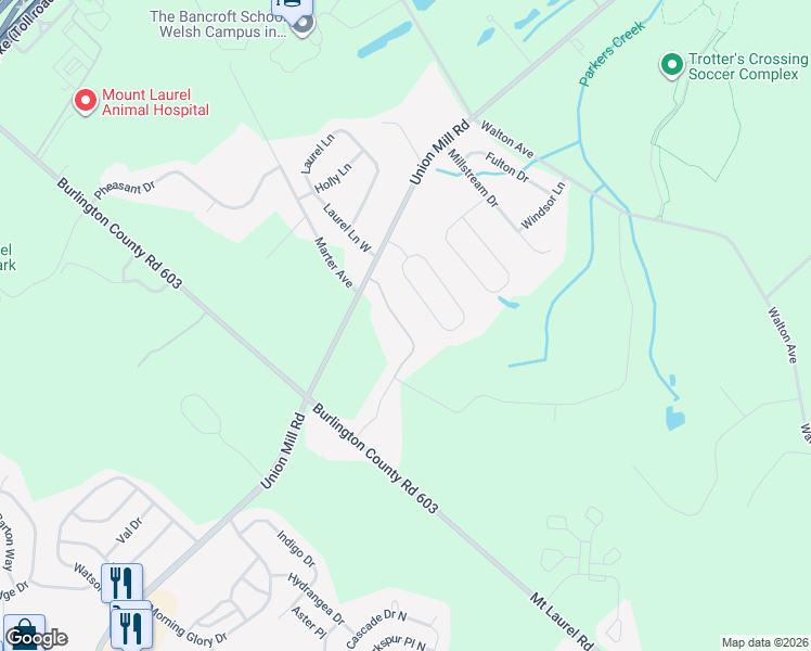 map of restaurants, bars, coffee shops, grocery stores, and more near 36 Wood View Drive in Mount Laurel Township