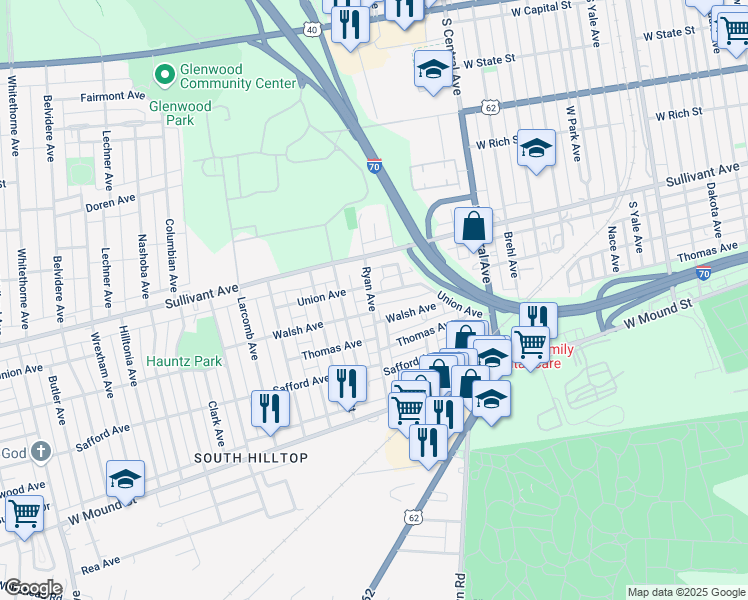 map of restaurants, bars, coffee shops, grocery stores, and more near 457 Ryan Avenue in Columbus