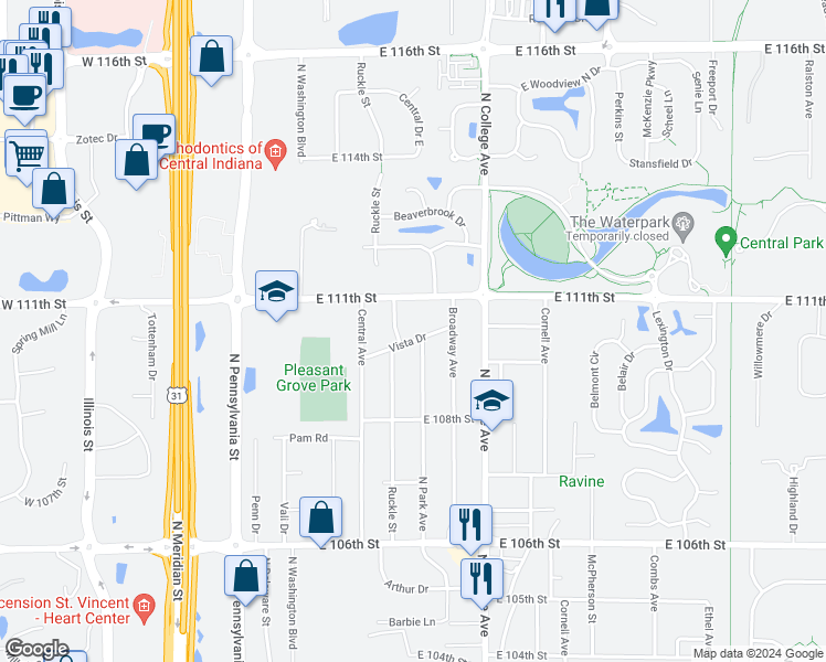map of restaurants, bars, coffee shops, grocery stores, and more near 534 Vista Drive in Indianapolis