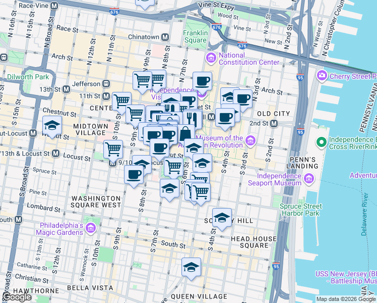 map of restaurants, bars, coffee shops, grocery stores, and more near in Philadelphia