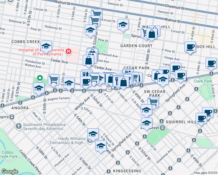 map of restaurants, bars, coffee shops, grocery stores, and more near 5047 Baltimore Avenue in Philadelphia