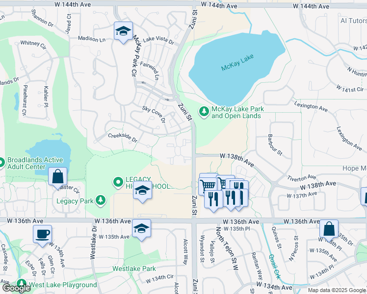 map of restaurants, bars, coffee shops, grocery stores, and more near 900 Lake Song Lane in Broomfield
