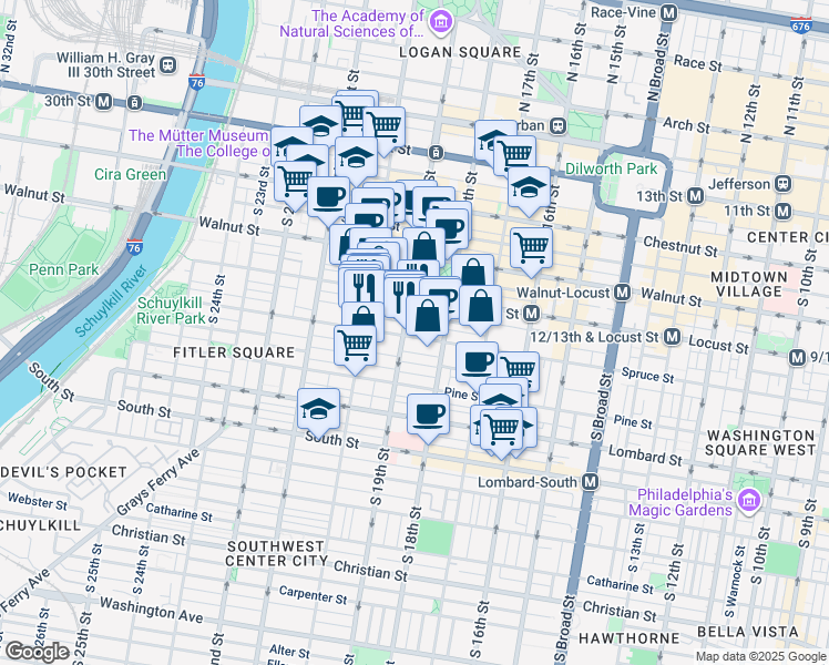 map of restaurants, bars, coffee shops, grocery stores, and more near 1833 Spruce Street in Philadelphia