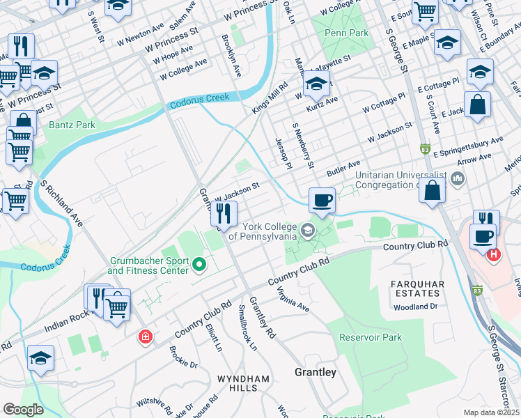 map of restaurants, bars, coffee shops, grocery stores, and more near 449 West Springettsbury Avenue in York