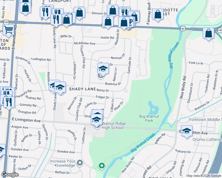 map of restaurants, bars, coffee shops, grocery stores, and more near 4980 Betsy Drive in Columbus