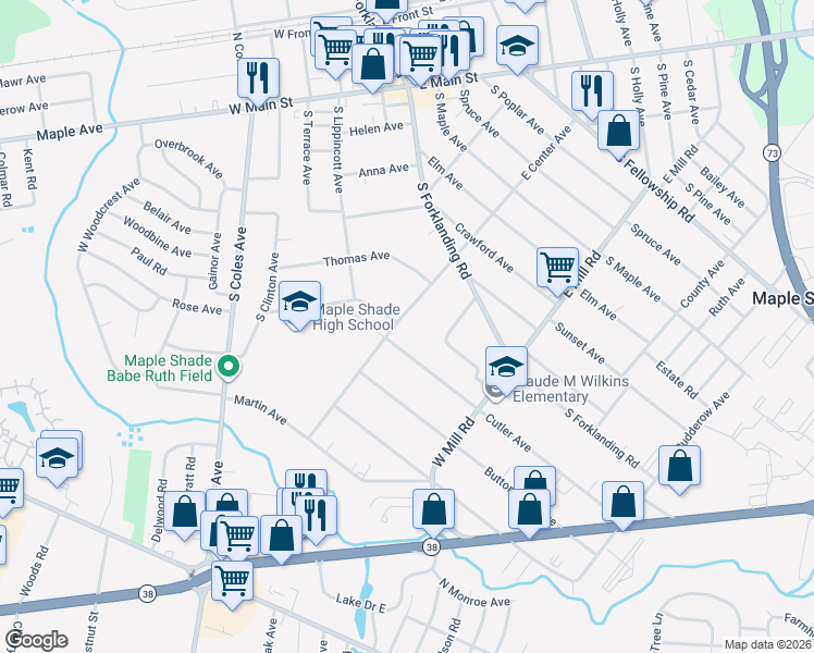map of restaurants, bars, coffee shops, grocery stores, and more near 70 West Center Avenue in Maple Shade