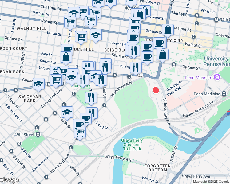 map of restaurants, bars, coffee shops, grocery stores, and more near 4100 Woodland Avenue in Philadelphia