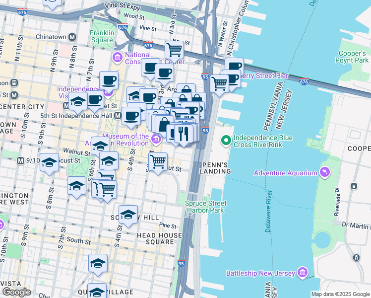 map of restaurants, bars, coffee shops, grocery stores, and more near 116 Chestnut Street in Philadelphia