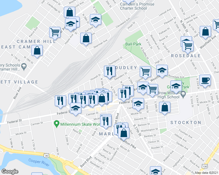 map of restaurants, bars, coffee shops, grocery stores, and more near 201 Street in Camden