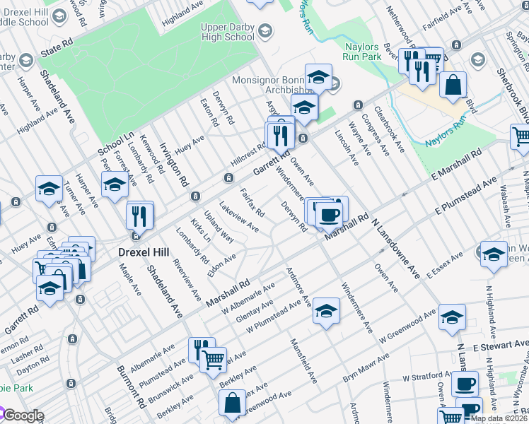 map of restaurants, bars, coffee shops, grocery stores, and more near 361 Fairfax Road in Drexel Hill