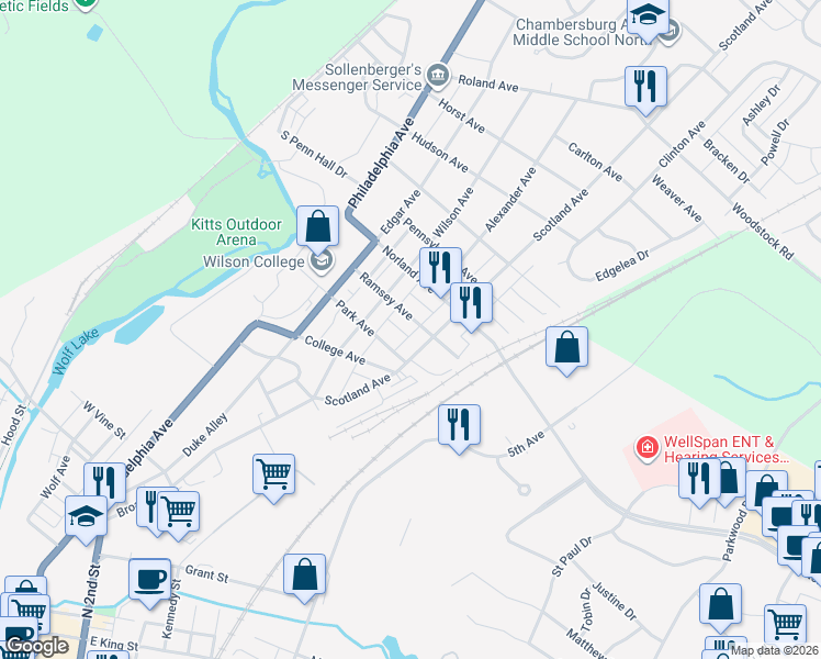 map of restaurants, bars, coffee shops, grocery stores, and more near 262 Ramsey Avenue in Chambersburg