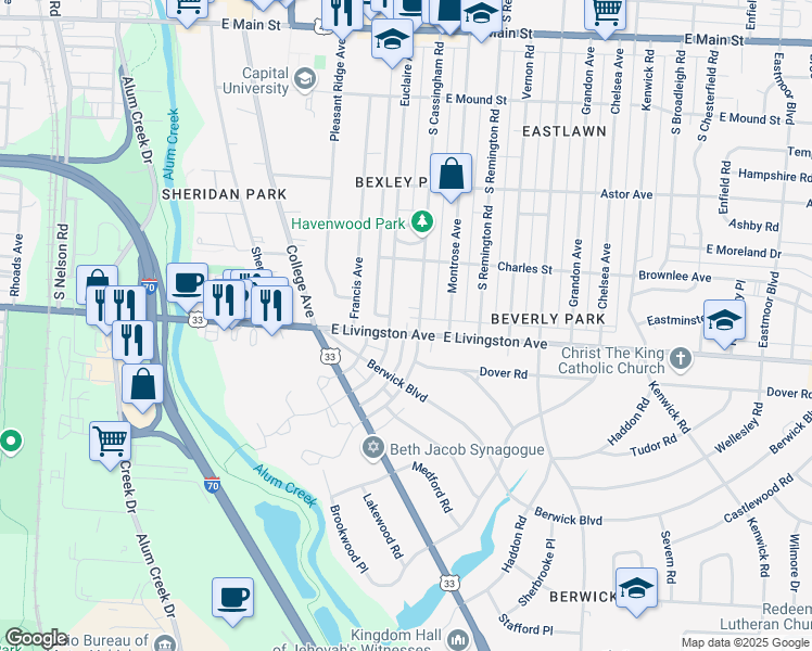map of restaurants, bars, coffee shops, grocery stores, and more near 2380 East Livingston Avenue in Columbus