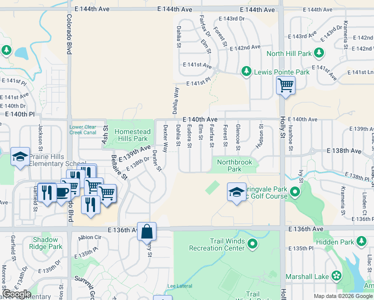 map of restaurants, bars, coffee shops, grocery stores, and more near 13876 Eudora Street in Thornton