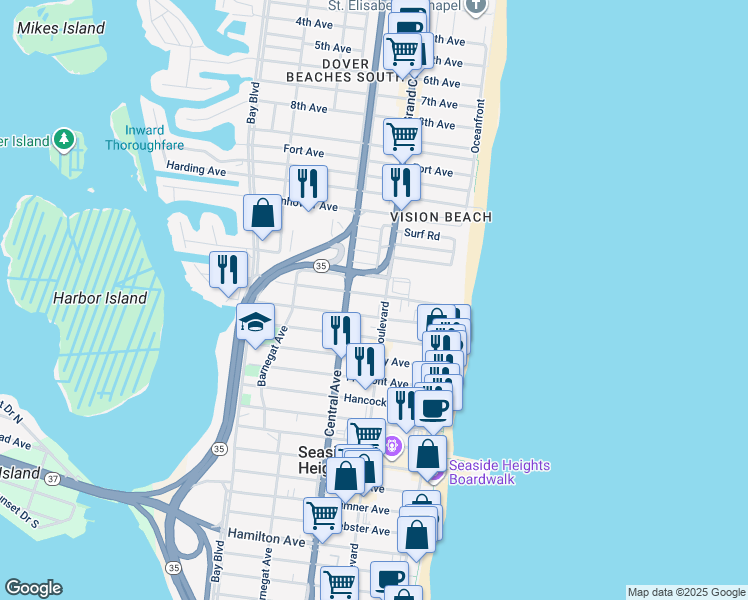 map of restaurants, bars, coffee shops, grocery stores, and more near 1515 Ocean Boulevard in Seaside Heights