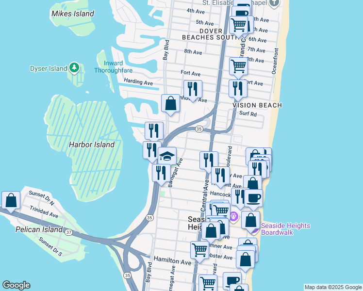 map of restaurants, bars, coffee shops, grocery stores, and more near 314 Sampson Avenue in Seaside Heights