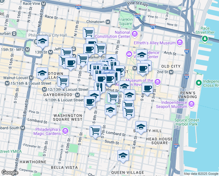 map of restaurants, bars, coffee shops, grocery stores, and more near 709 Walnut Street in Philadelphia
