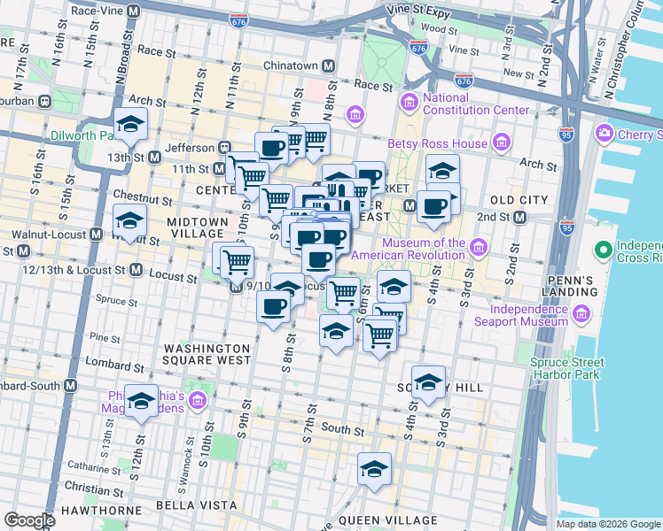map of restaurants, bars, coffee shops, grocery stores, and more near 709 Walnut Street in Philadelphia
