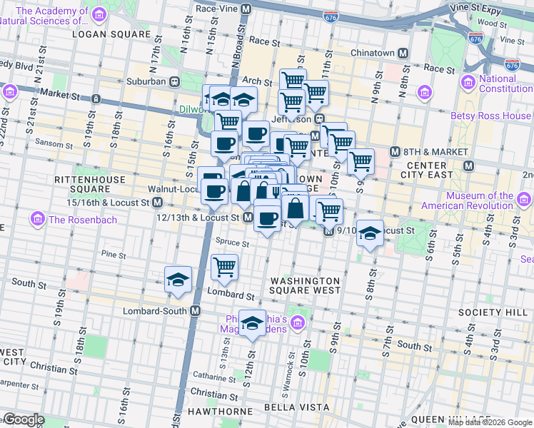 map of restaurants, bars, coffee shops, grocery stores, and more near 1111 Locust Street in Philadelphia