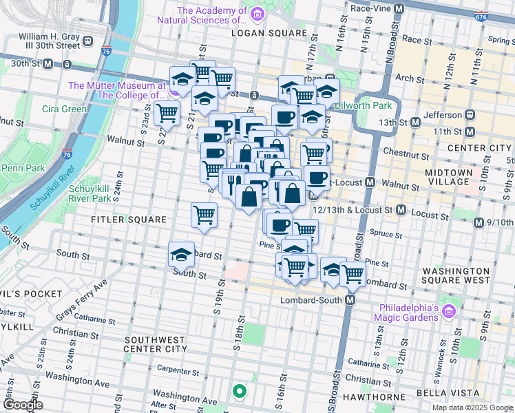 map of restaurants, bars, coffee shops, grocery stores, and more near 237 South 18th Street in Philadelphia